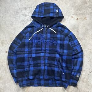 Y2K Volcom Blue Plaid Big Logo Fleece Lined Skater Grunge Zip Up Hoodie Size L